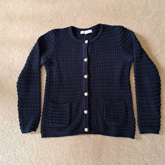 Cristina B Navy Cardigan Women's XS Blue Knit Sweater Gold Button Detail Chic - Picture 12 of 12